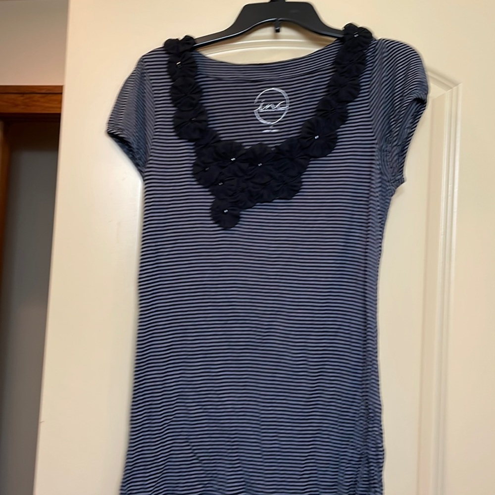 INC XL beautiful black/grey striped shirt with pinwheel flowers on the neckline